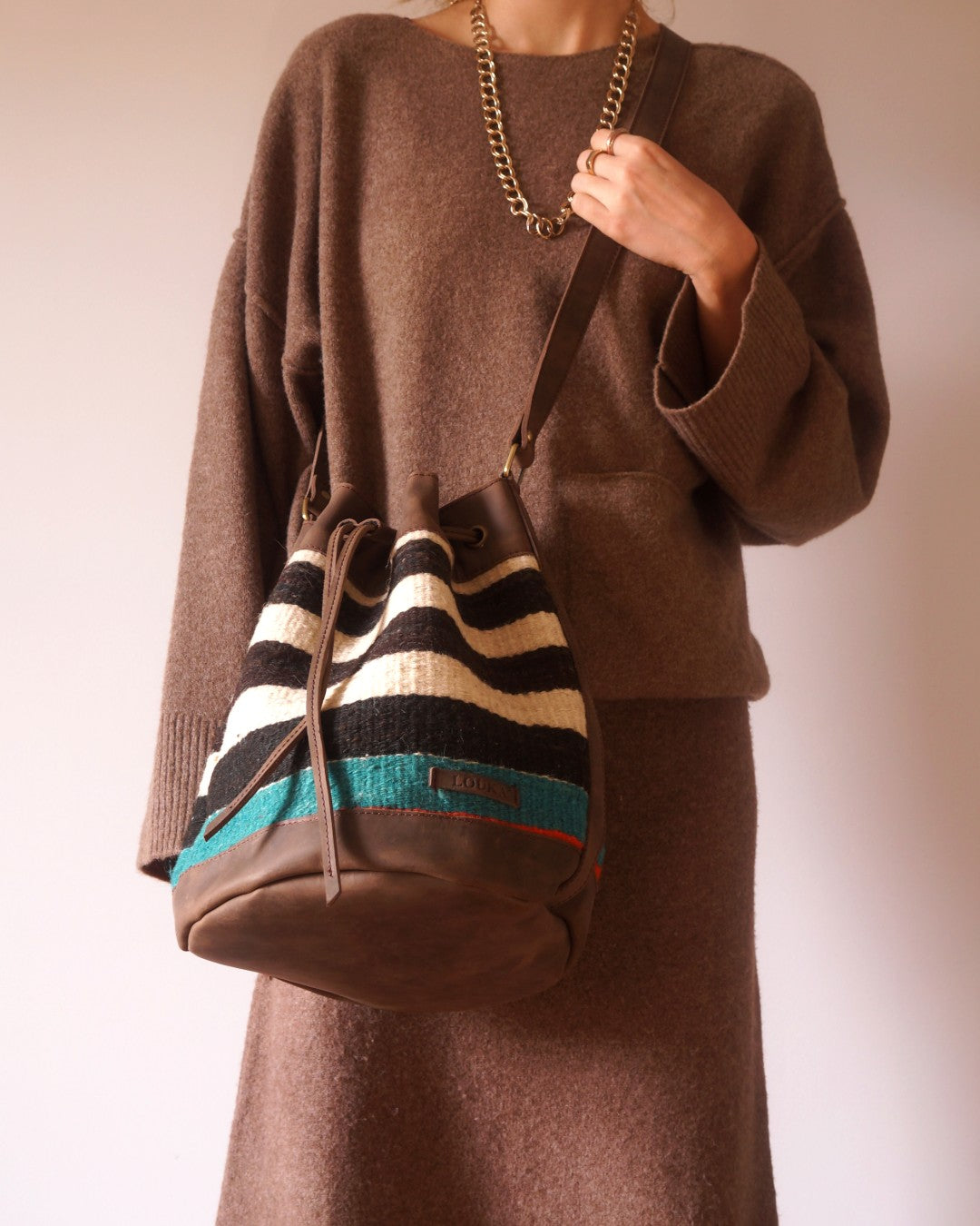 Handmade Kilim Bucket Bag With Genuine Leather LKB02083