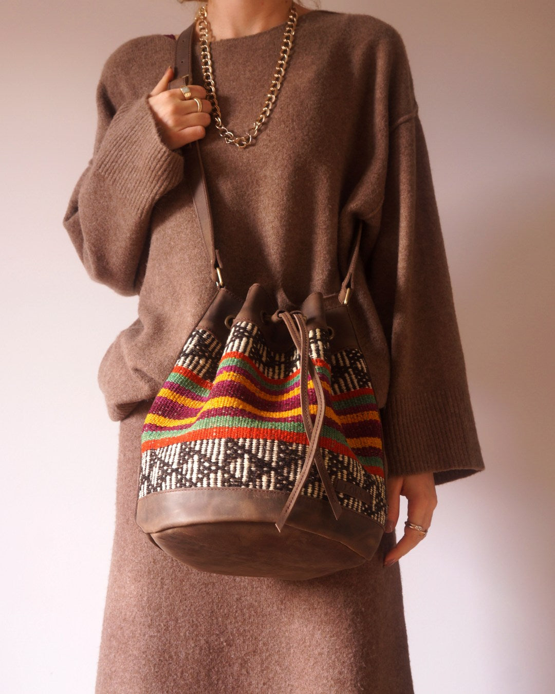 Handmade Kilim Bucket Bag With Genuine Leather LKB02085 Louka