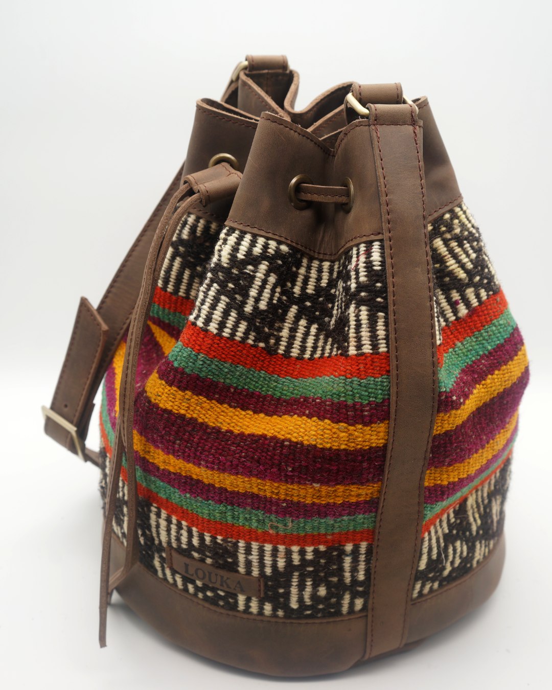 Handmade Kilim Bucket Bag With Genuine Leather LKB02093 Louka