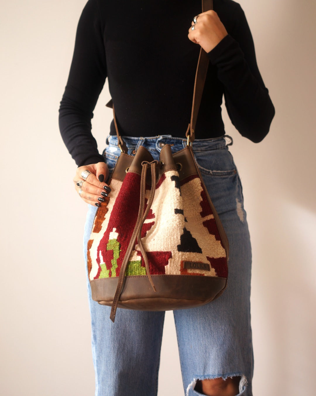 Handmade Kilim Bucket Bag With Genuine Leather LKB02101