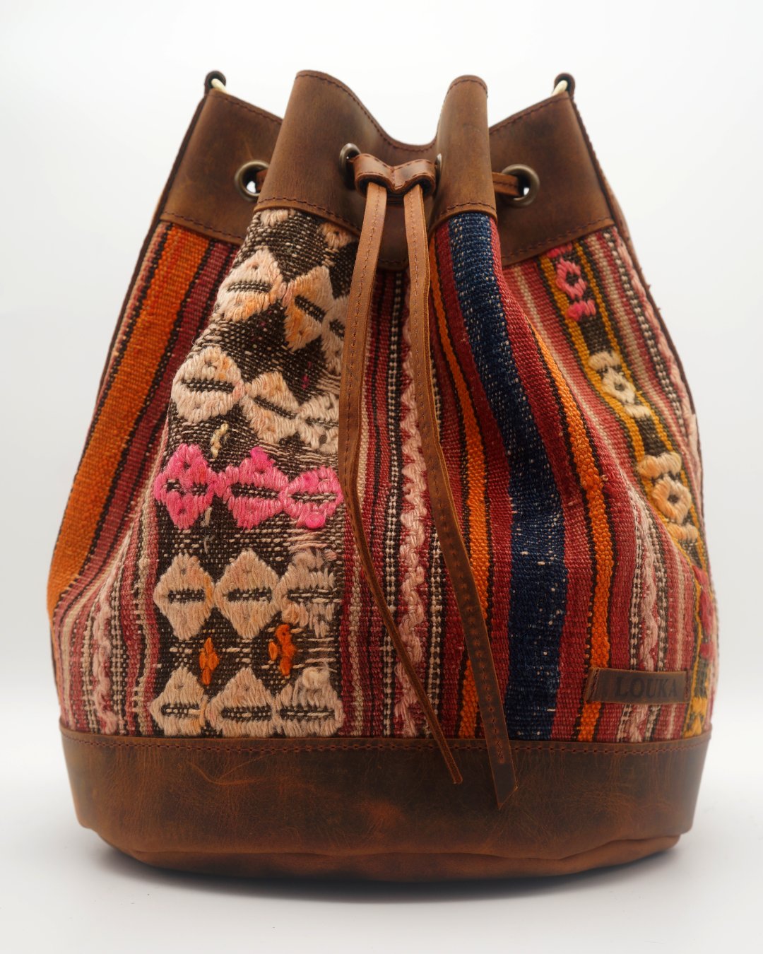Handmade Kilim Bucket Bag With Genuine Leather LKB02140