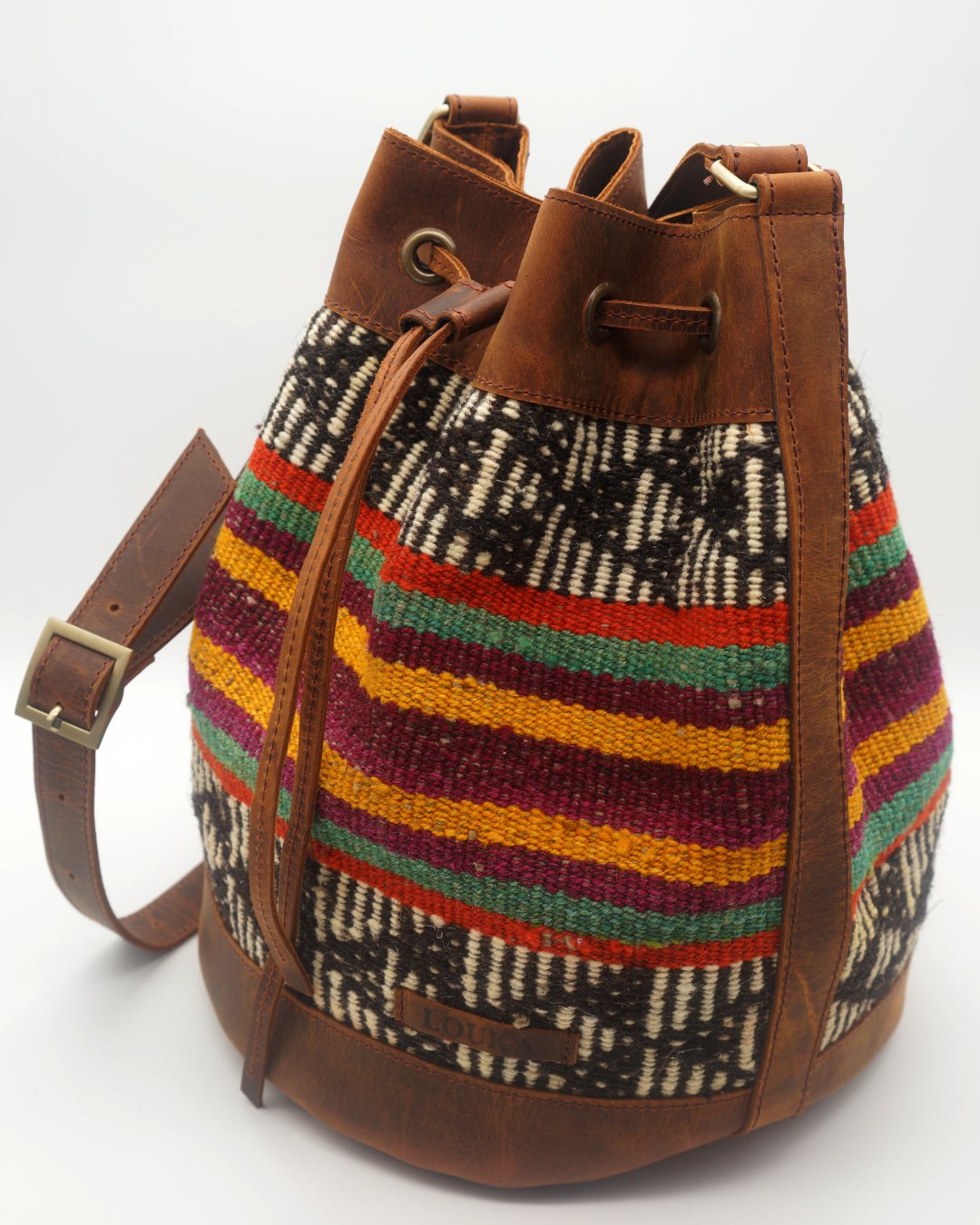 Handmade Kilim Bucket Bag With Genuine Leather LKB02057