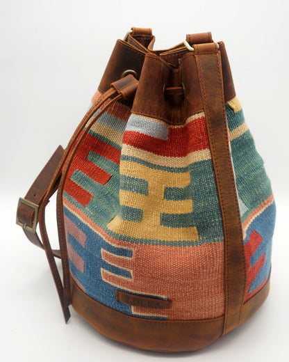 Handmade Kilim Bucket Bag With Genuine Leather LKB02062