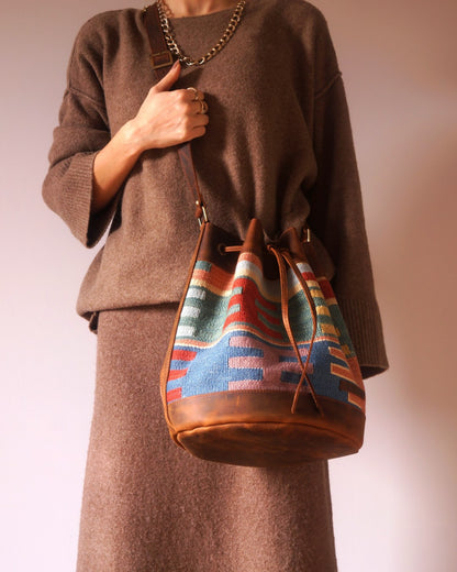 Handmade Kilim Bucket Bag With Genuine Leather LKB02062