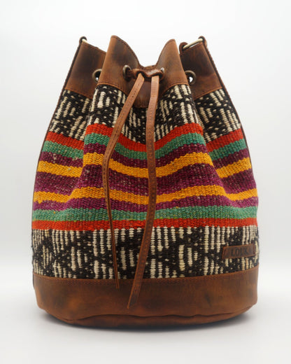 Bolso Cubo de Kilim Hecho a Mano Con Cuero Genuino LKB02071