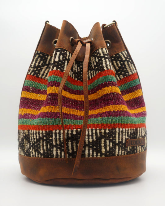 Bolso Cubo de Kilim Hecho a Mano Con Cuero Genuino LKB02071