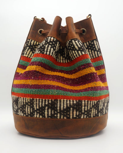 Bolso Cubo de Kilim Hecho a Mano Con Cuero Genuino LKB02071