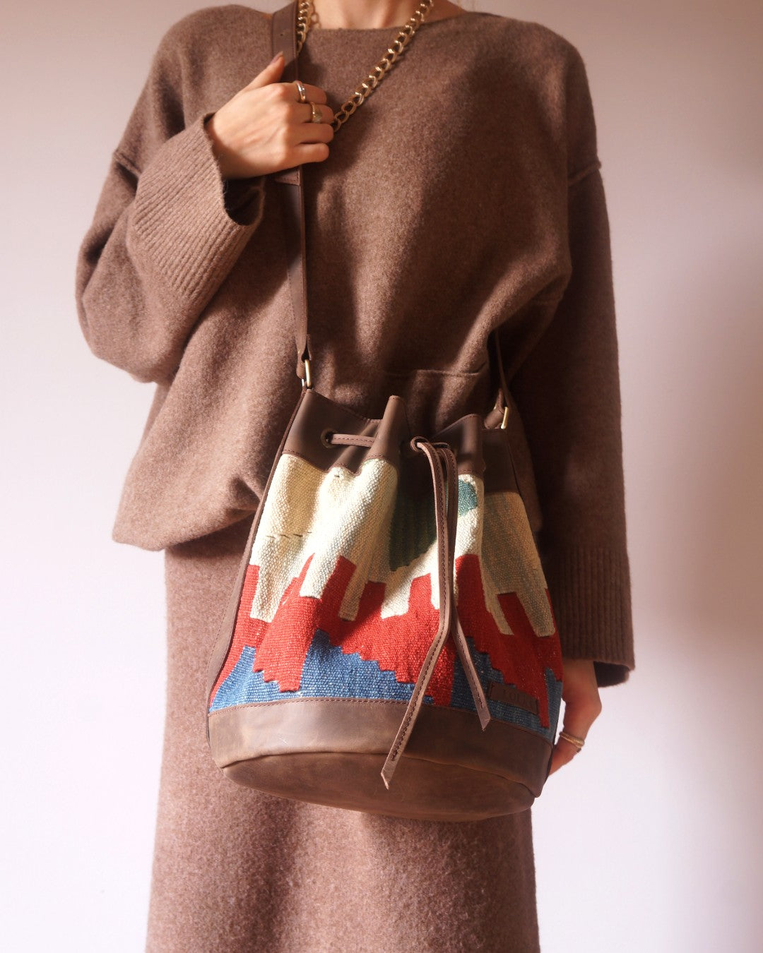 Handmade Kilim Bucket Bag With Genuine Leather LKB02080