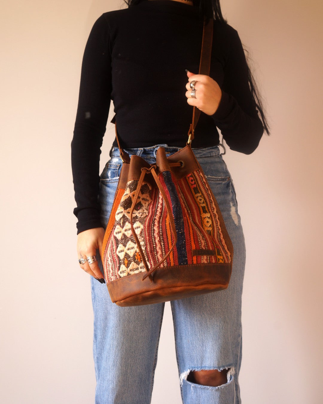 Handmade Kilim Bucket Bag With Genuine Leather LKB02081