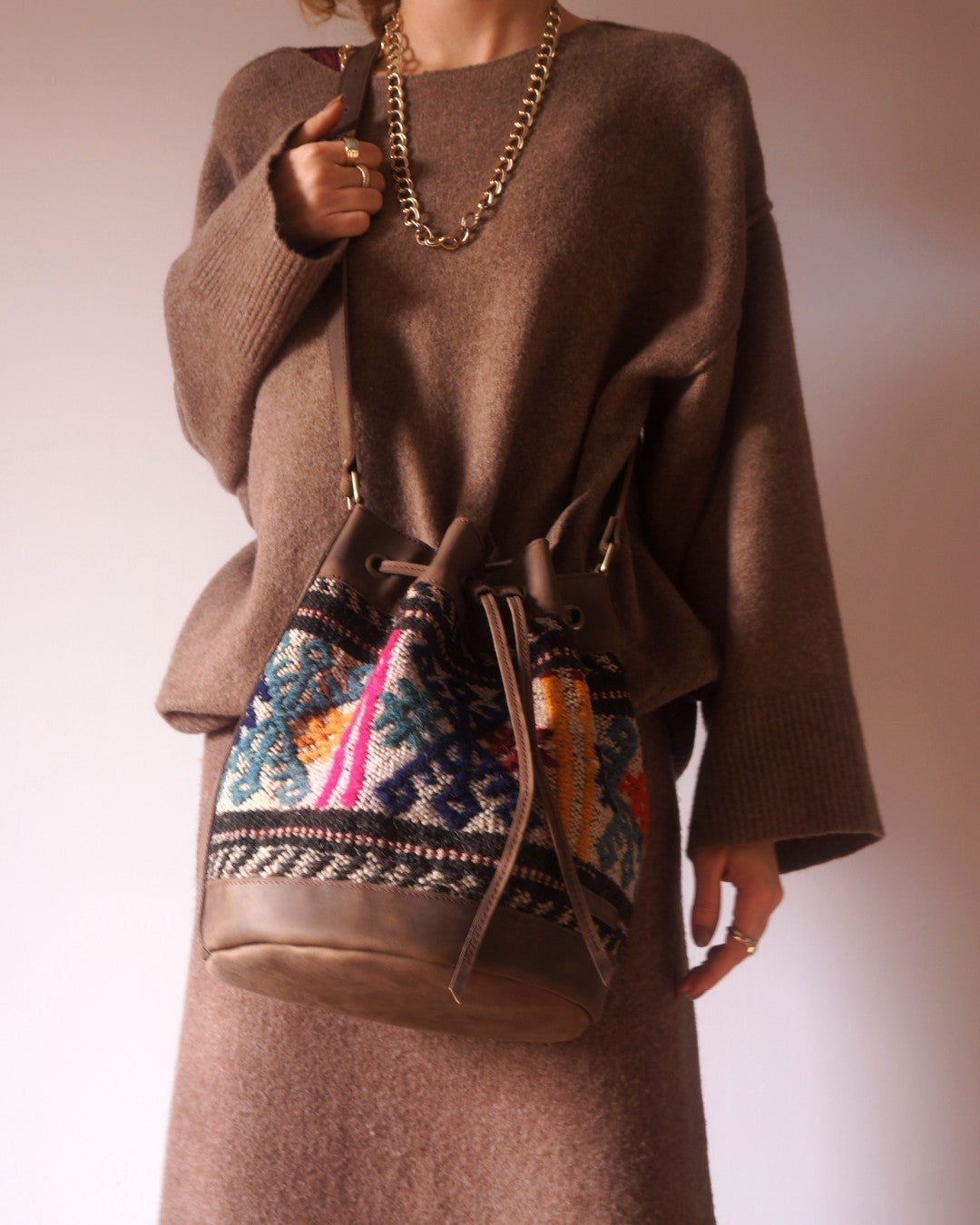 Handmade Kilim Bucket Bag With Genuine Leather LKB02087