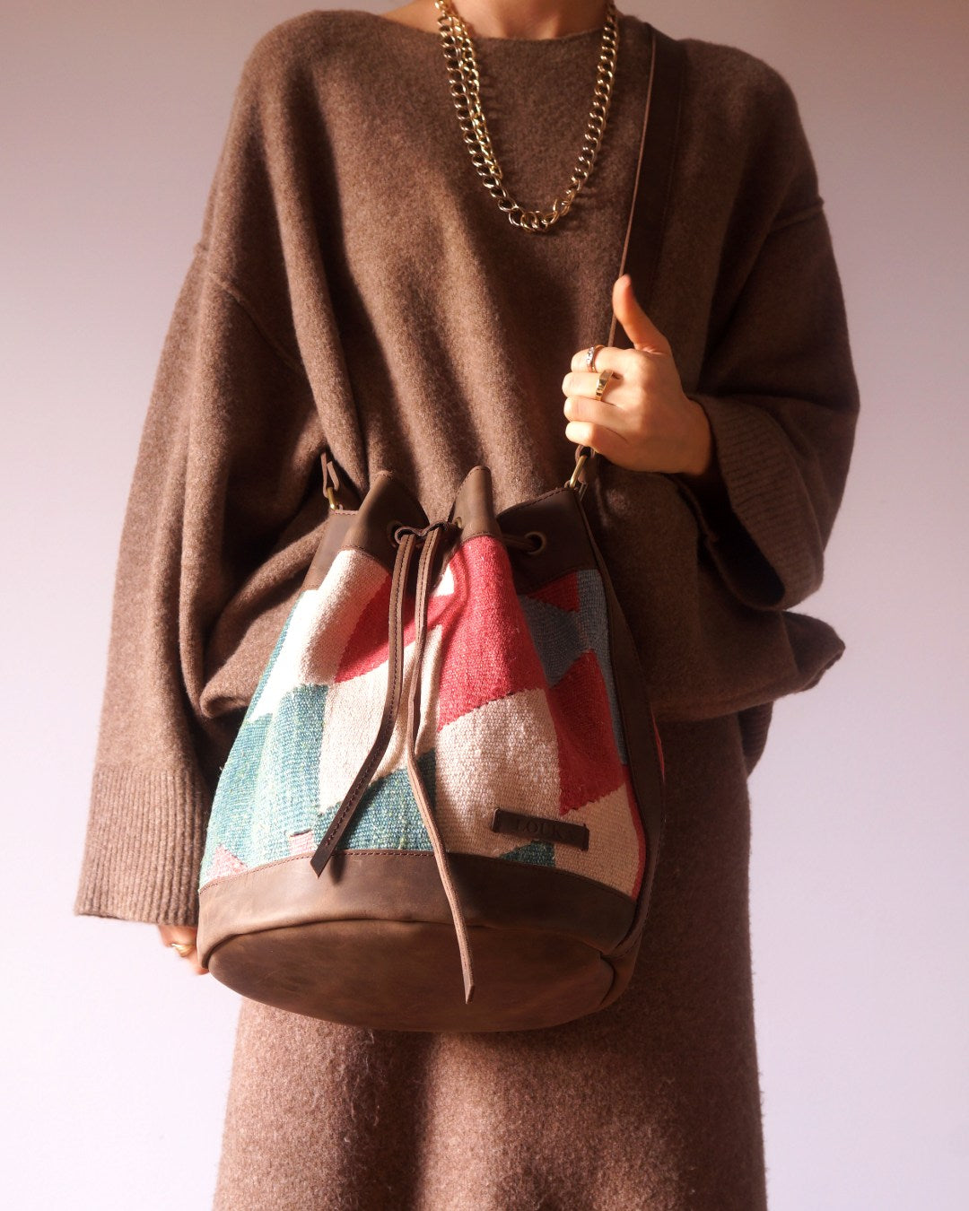 Handmade Kilim Bucket Bag With Genuine Leather LKB02090