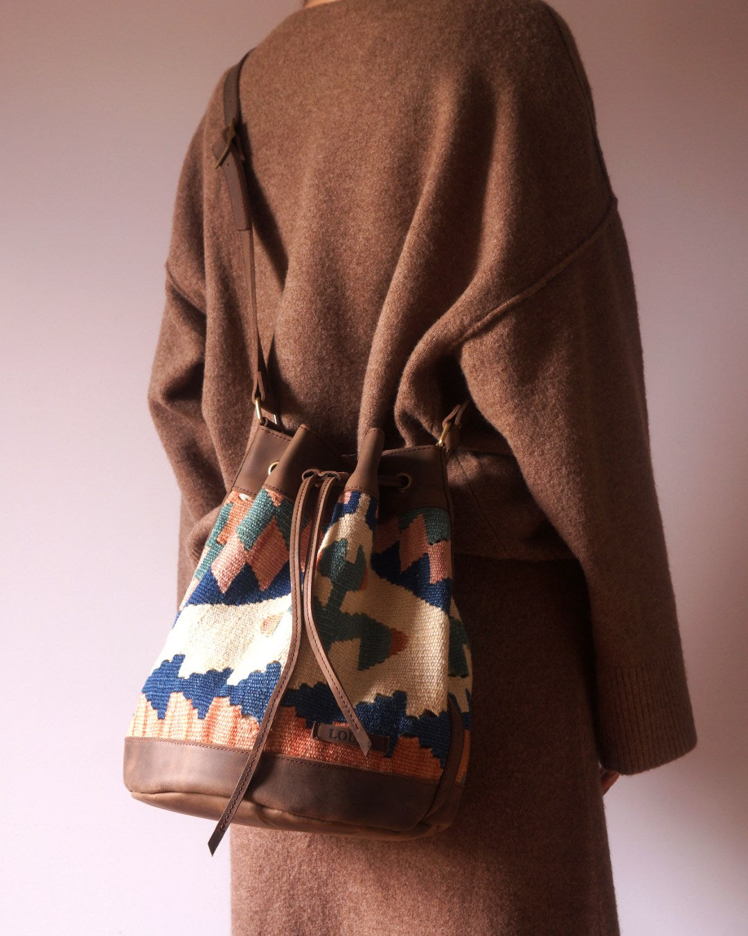 Handmade Kilim Bucket Bag With Genuine Leather LKB02091