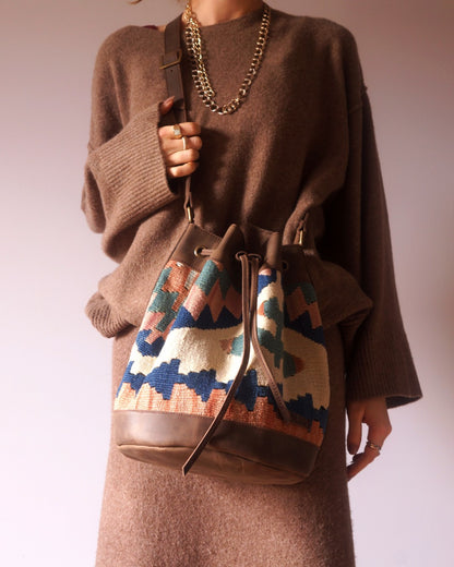 Handmade Kilim Bucket Bag With Genuine Leather LKB02091