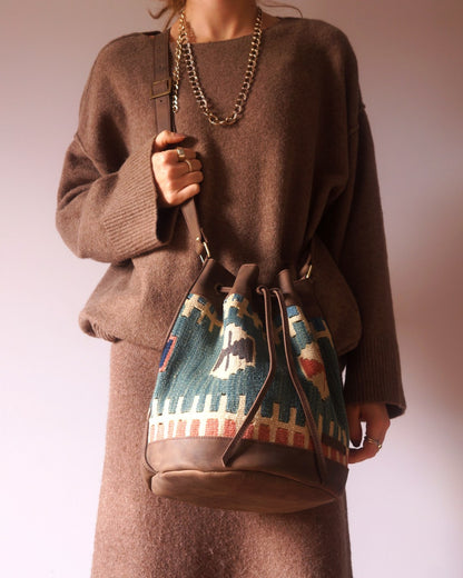 Handmade Kilim Bucket Bag With Genuine Leather LKB02092