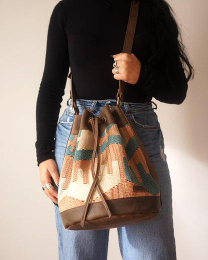 Handmade Kilim Bucket Bag With Genuine Leather LKB02099