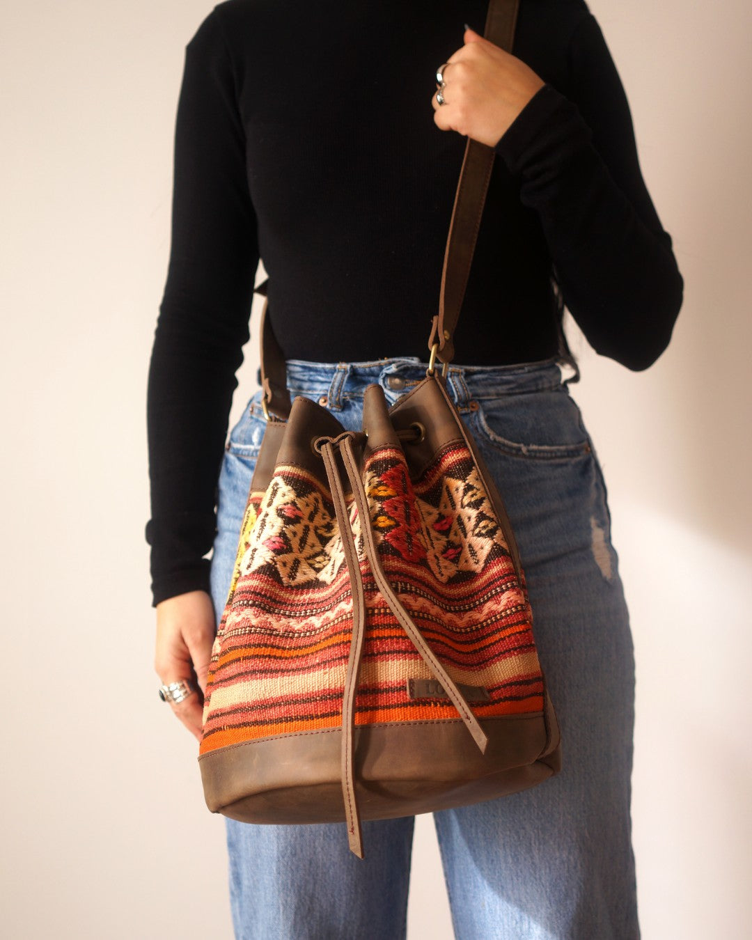 Handmade Kilim Bucket Bag With Genuine Leather LKB02100