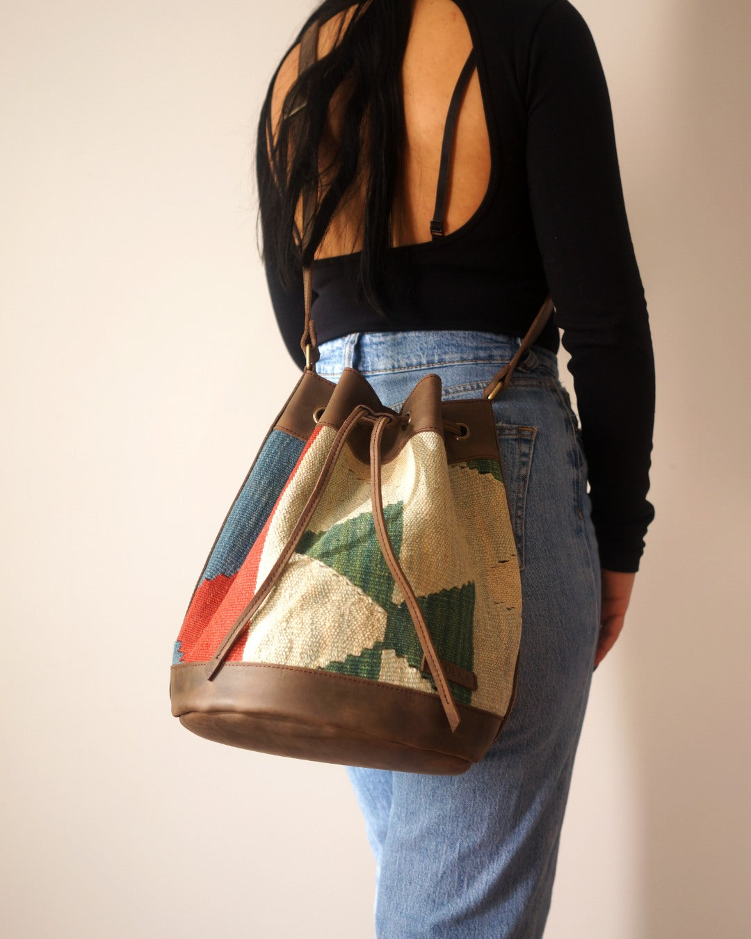 Handmade Kilim Bucket Bag With Genuine Leather LKB02102