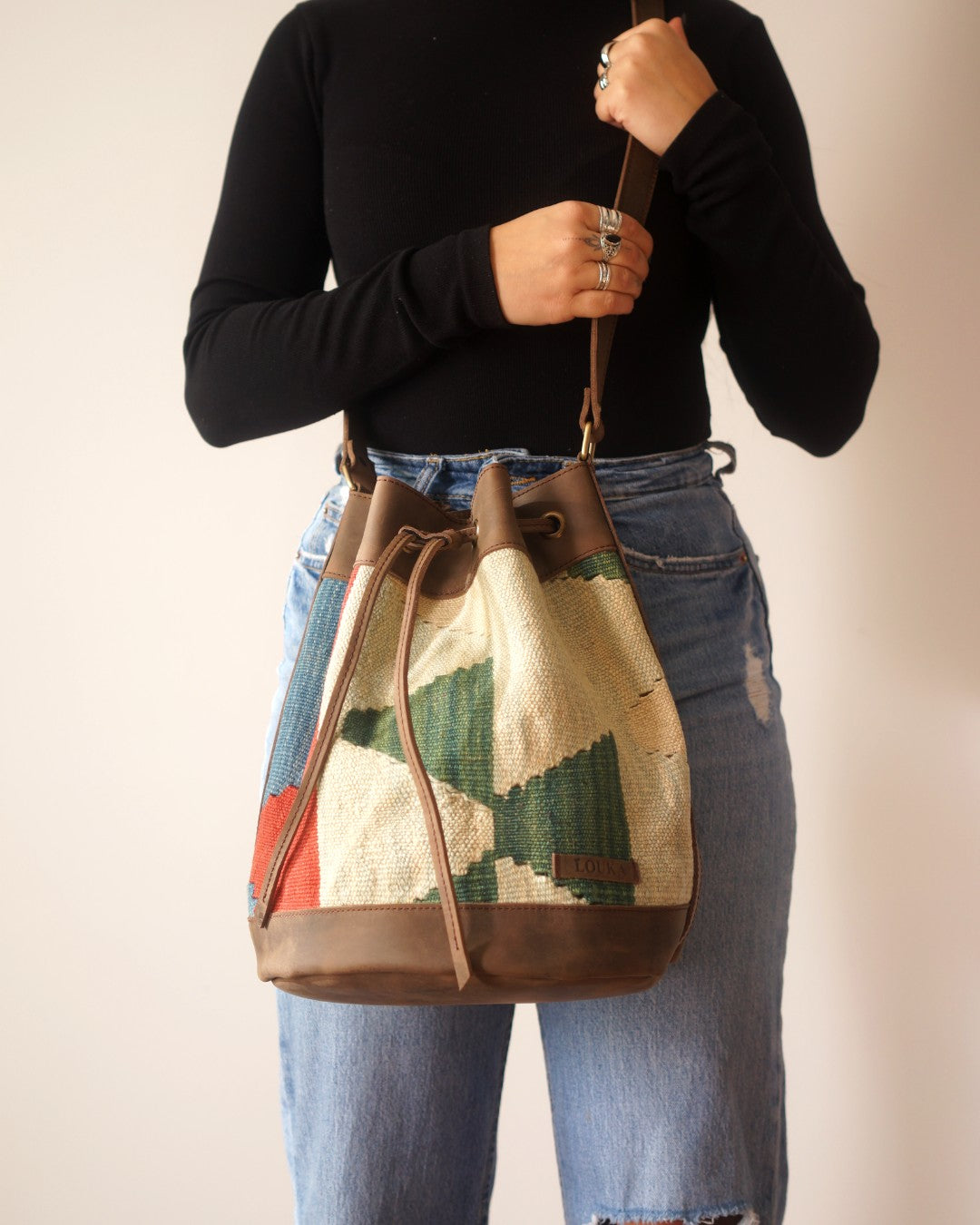 Handmade Kilim Bucket Bag With Genuine Leather LKB02102