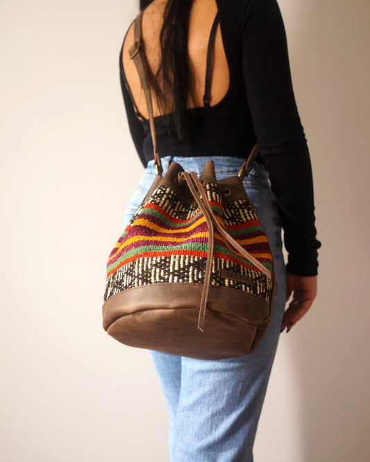 Handmade Kilim Bucket Bag With Genuine Leather LKB02111 Louka