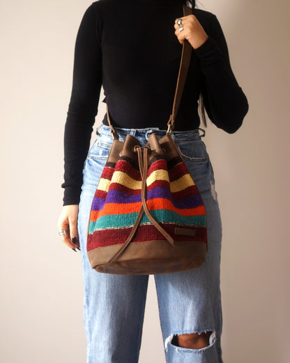 Handmade Kilim Bucket Bag With Genuine Leather LKB02112