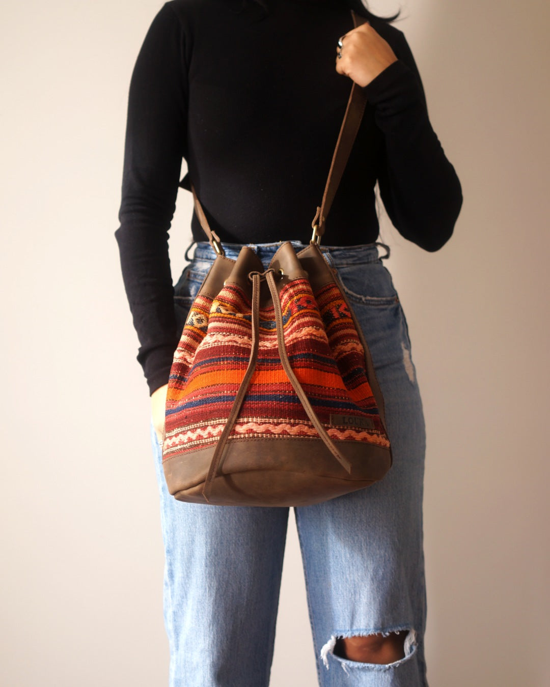 Handmade Kilim Bucket Bag With Genuine Leather LKB02113