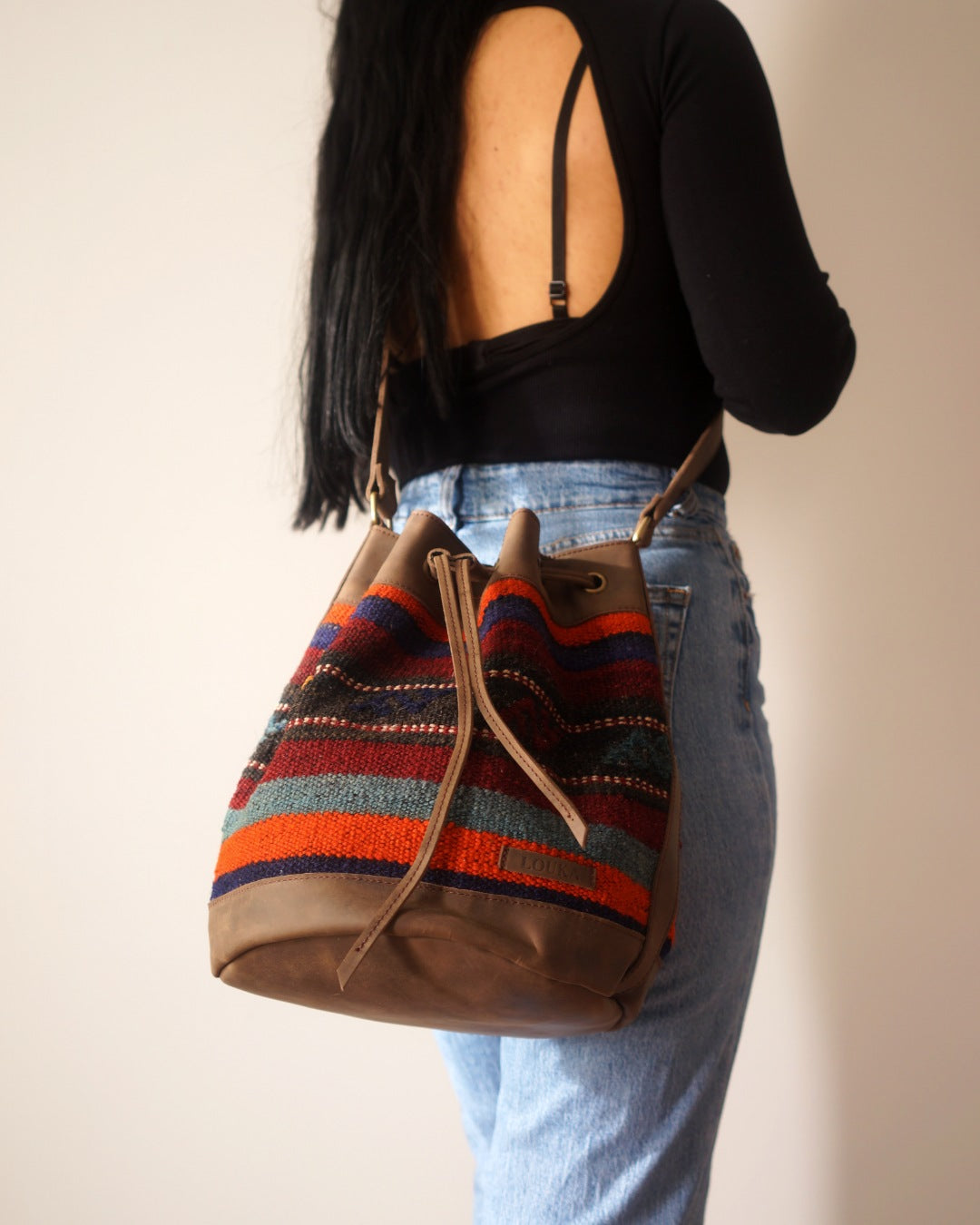 Handmade Kilim Bucket Bag With Genuine Leather LKB02115