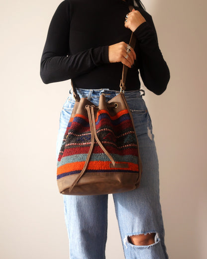 Handmade Kilim Bucket Bag With Genuine Leather LKB02115