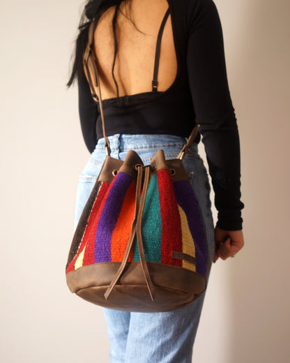 Handmade Kilim Bucket Bag With Genuine Leather LKB02116