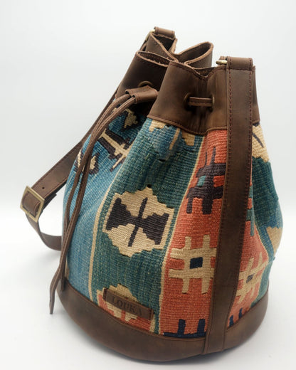 Handmade Kilim Bucket Bag With Genuine Leather LKB02117