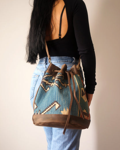 Handmade Kilim Bucket Bag With Genuine Leather LKB02117