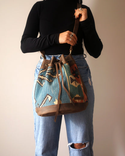 Handmade Kilim Bucket Bag With Genuine Leather LKB02117