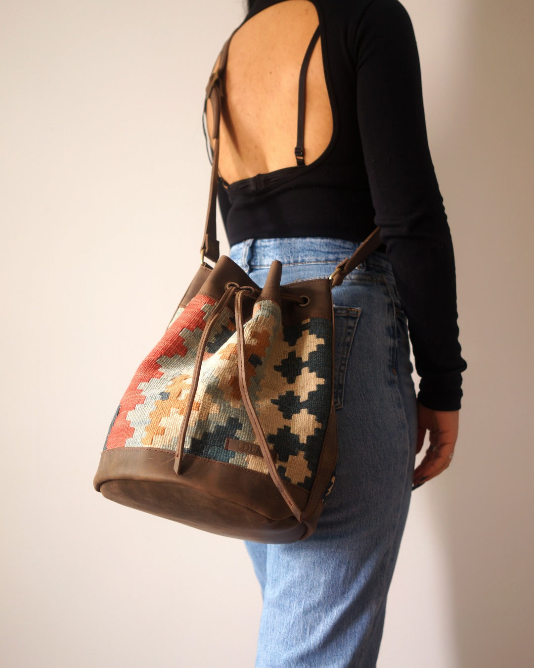 Handmade Kilim Bucket Bag With Genuine Leather LKB02121