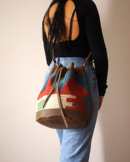 Handmade Kilim Bucket Bag With Genuine Leather LKB02124