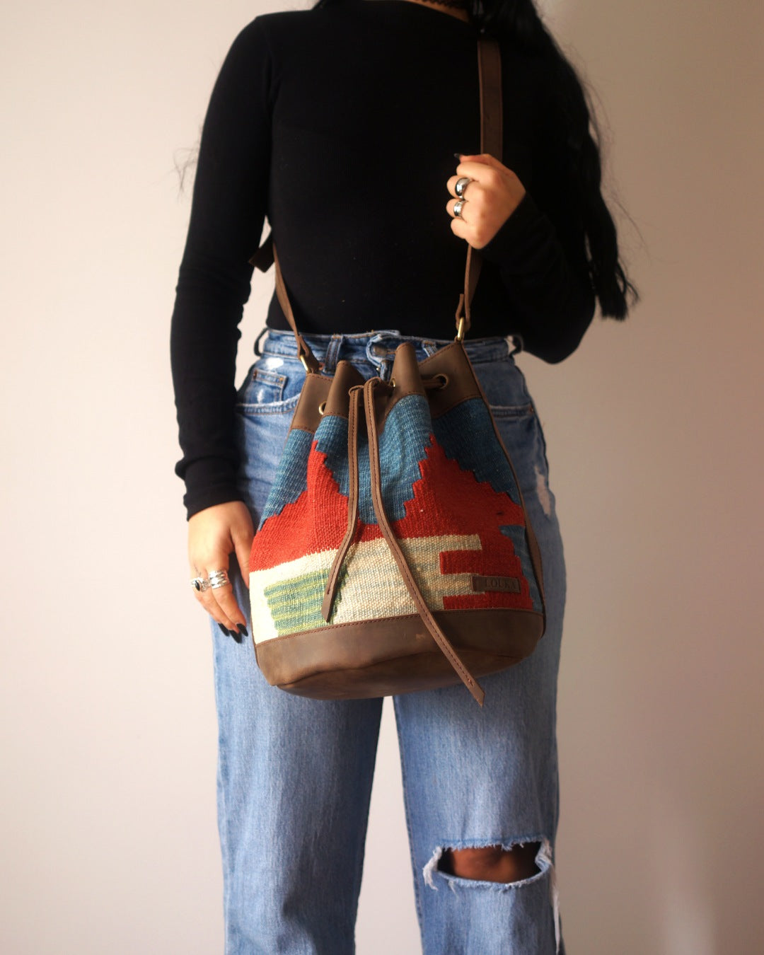 Handmade Kilim Bucket Bag With Genuine Leather LKB02124