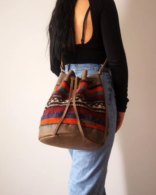 Handmade Kilim Bucket Bag With Genuine Leather LKB02125