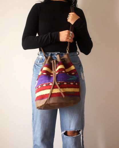 Handmade Kilim Bucket Bag With Genuine Leather LKB02126