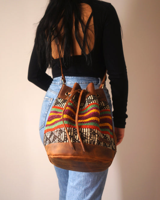 Handmade Kilim Bucket Bag With Genuine Leather LKB02129
