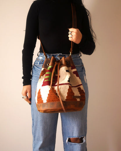 Handmade Kilim Bucket Bag With Genuine Leather LKB02132