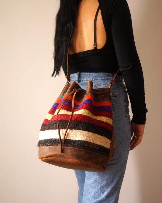 Handmade Kilim Bucket Bag With Genuine Leather LKB02134