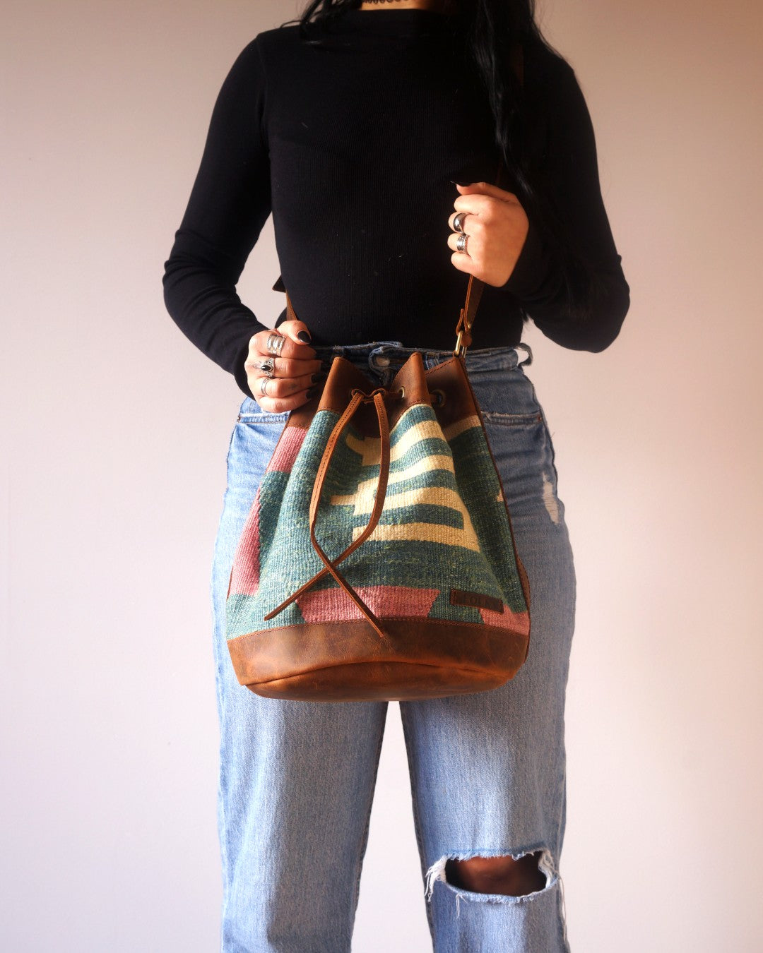 Handmade Kilim Bucket Bag With Genuine Leather LKB02135