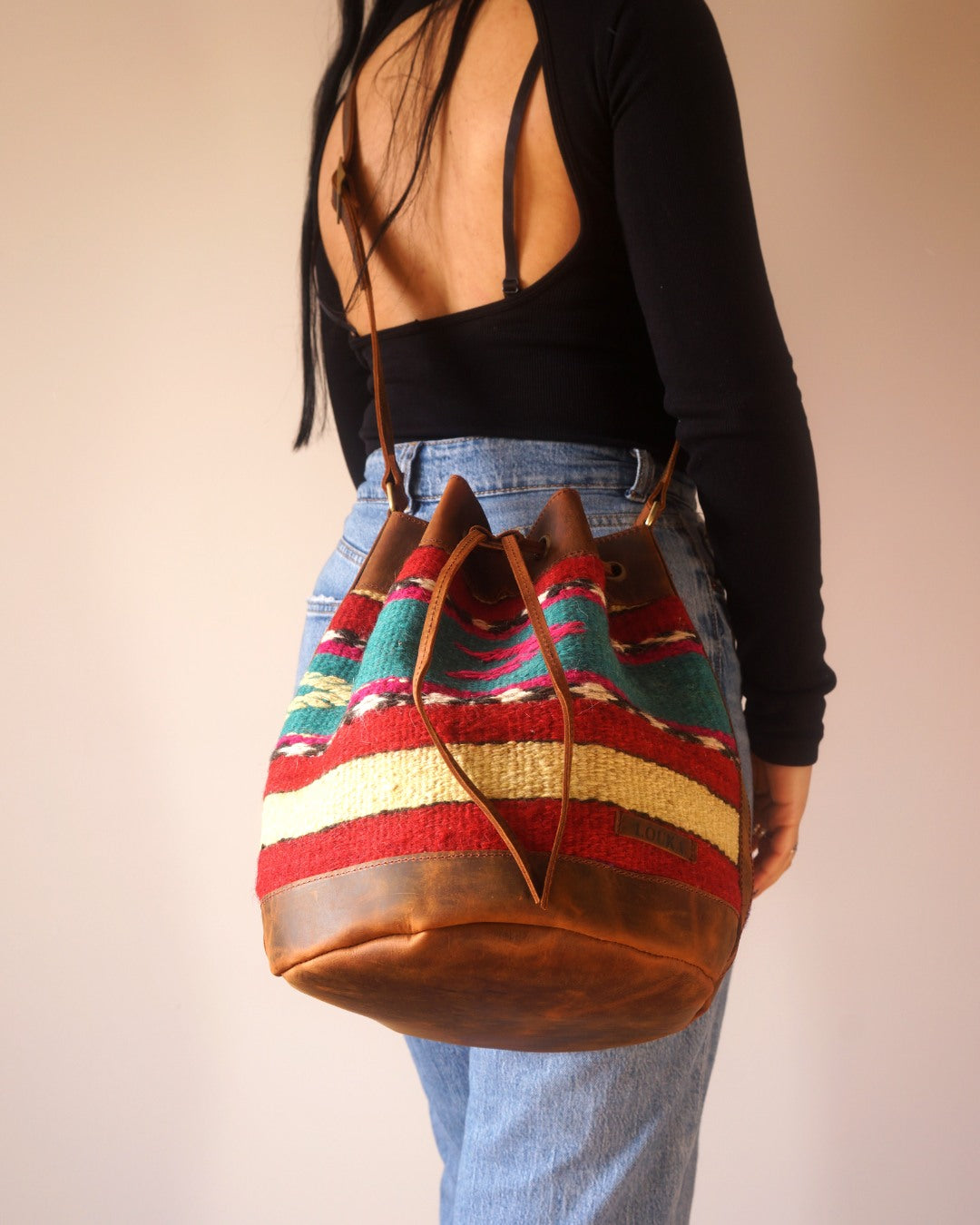 Handmade Kilim Bucket Bag With Genuine Leather LKB02137