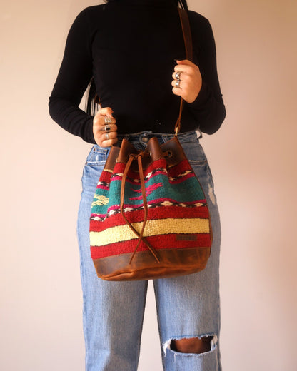 Handmade Kilim Bucket Bag With Genuine Leather LKB02137