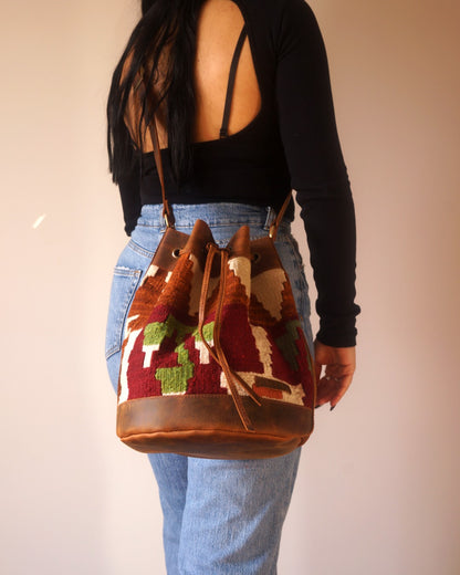 Handmade Kilim Bucket Bag With Genuine Leather LKB02138