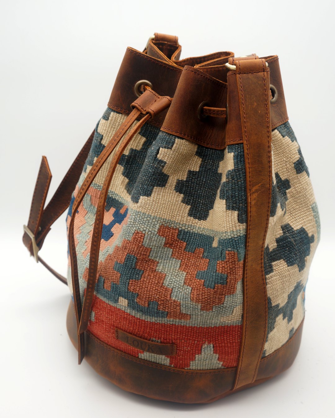 Handmade Kilim Bucket Bag With Genuine Leather LKB02139