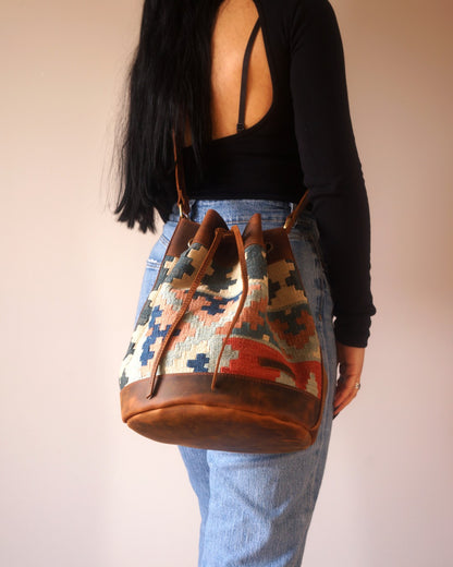 Handmade Kilim Bucket Bag With Genuine Leather LKB02139