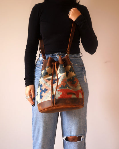 Handmade Kilim Bucket Bag With Genuine Leather LKB02139