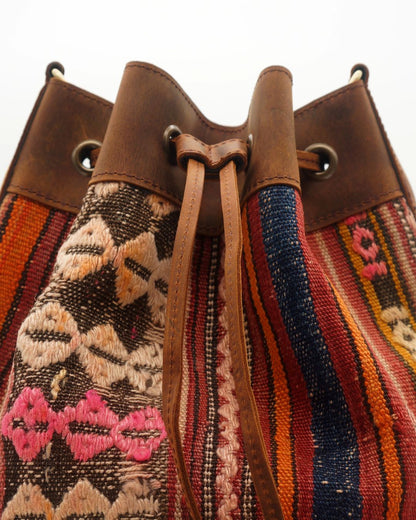 Handmade Kilim Bucket Bag With Genuine Leather LKB02140
