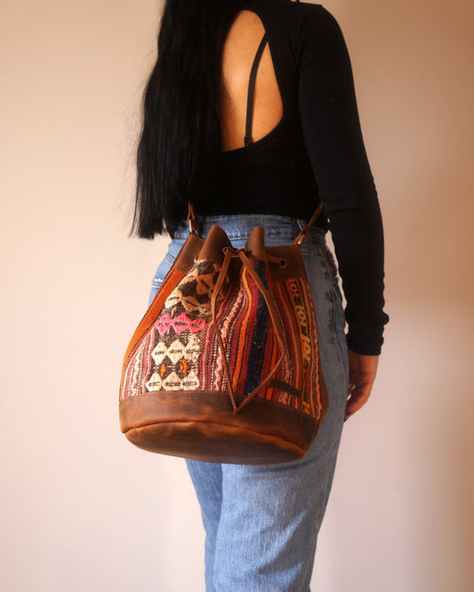 Handmade Kilim Bucket Bag With Genuine Leather LKB02140