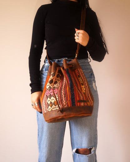 Handmade Kilim Bucket Bag With Genuine Leather LKB02140