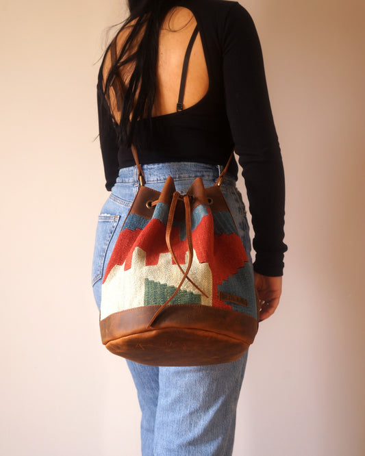 Handmade Kilim Bucket Bag With Genuine Leather LKB02142